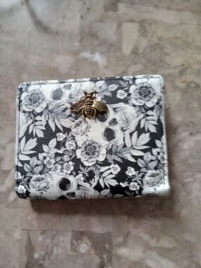 Black & White Skull & Floral Wallet with Gold Bee Accent